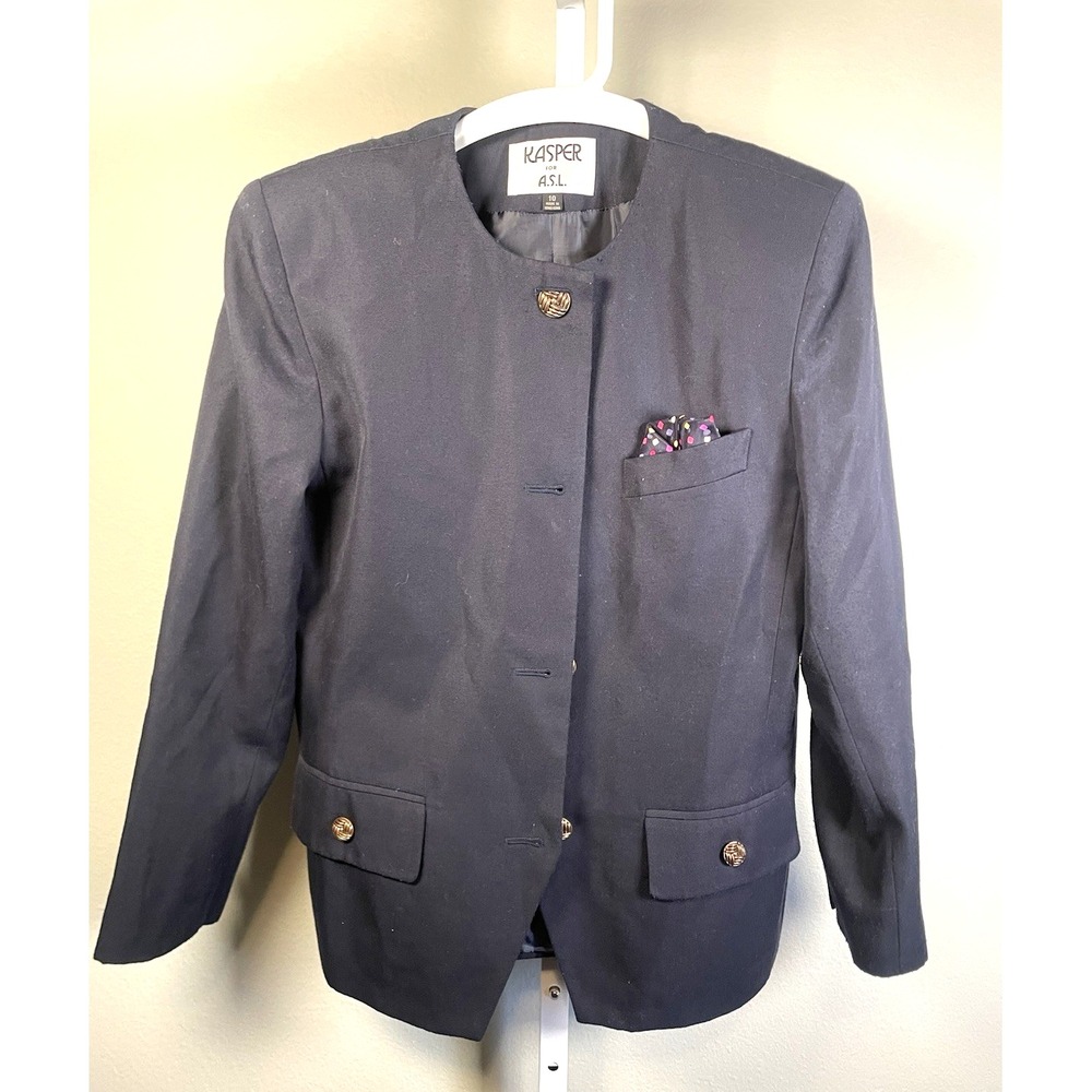 VTG Kasper for A.S.L. Blazer Womens‎ 10 Navy Blue Pocket Square Career Business